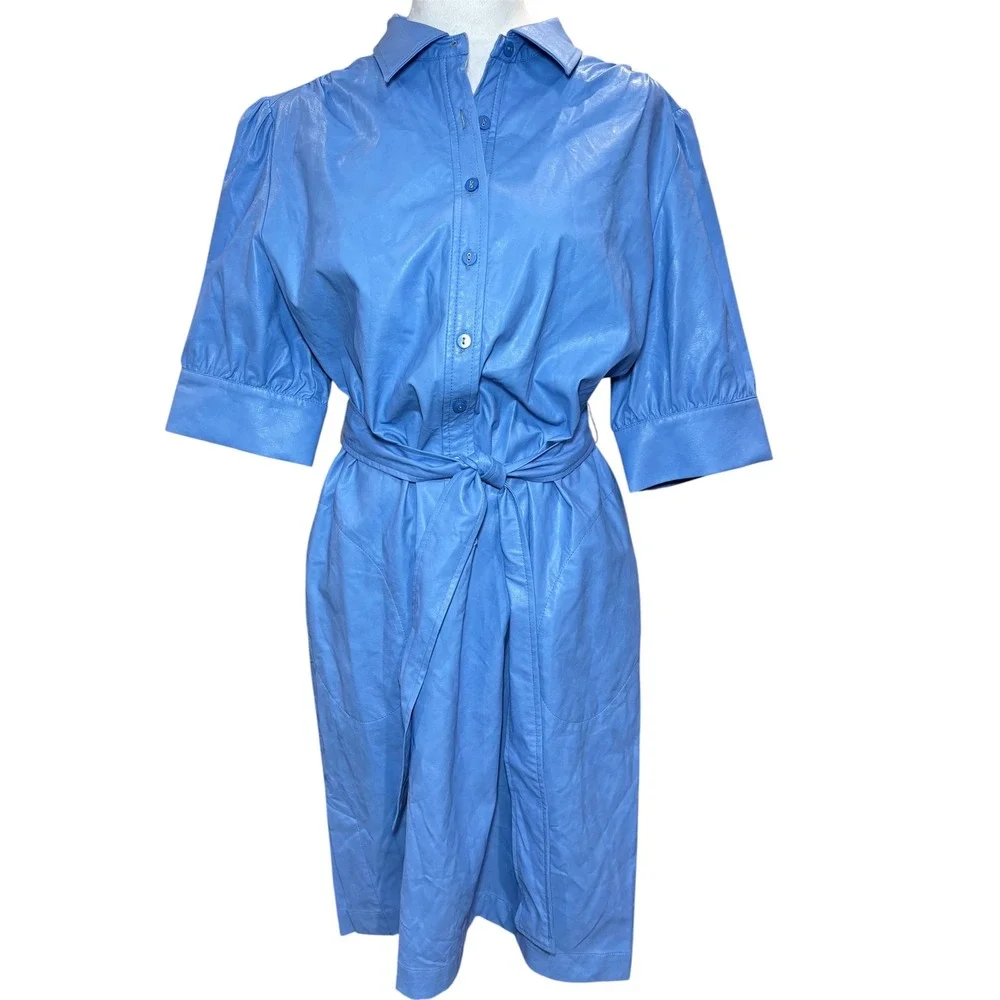 Tyler Boe Ziva Shirt Dress Large Cornflower Blue Waxed Finish Belt $250
